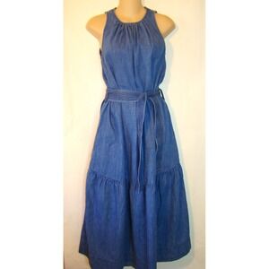 Vanessa Bruno Blue Denim Jean Belted Sleeveless Cotton Maxi Dress Small  D113